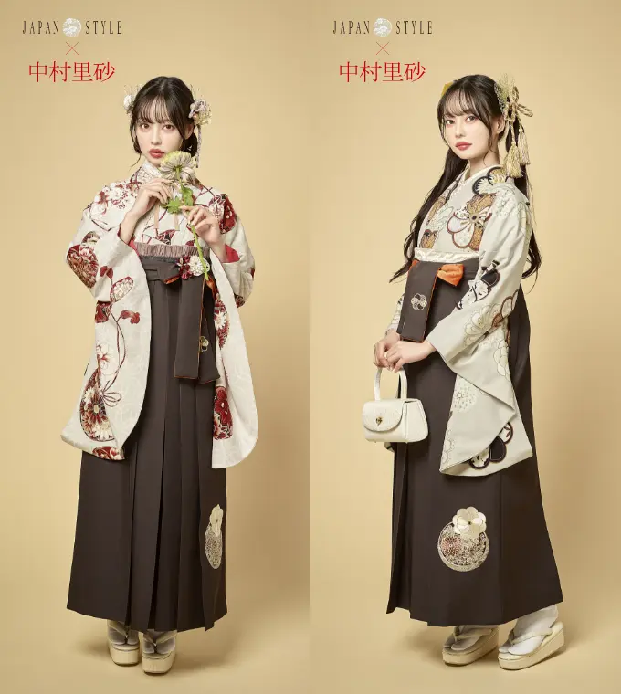 JAPAN STYLE×中村里砂 同じ袴で着物を変えた写真が左右に並んでいる