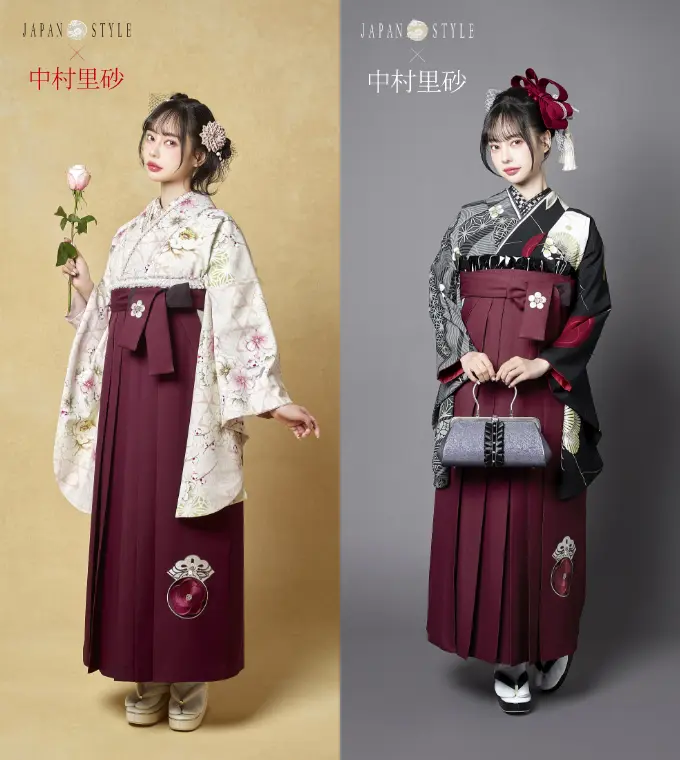 JAPAN STYLE×中村里砂 同じ袴で着物を変えた写真が左右に並んでいる