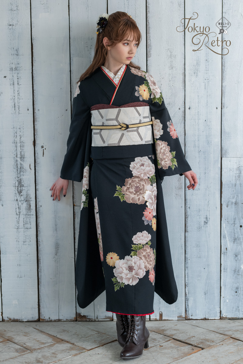 大振袖 正絹 金彩 刺繍 檜垣に草花 成人式 着物 kimono A-0956