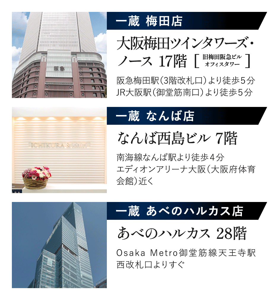 梅田店・なんば店・あべのハルカス店店舗情報